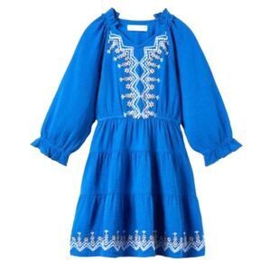 Zara Royal Blue Gauze Floral Embroidered Peasant Style LS Tiered Dress Sz 13-14